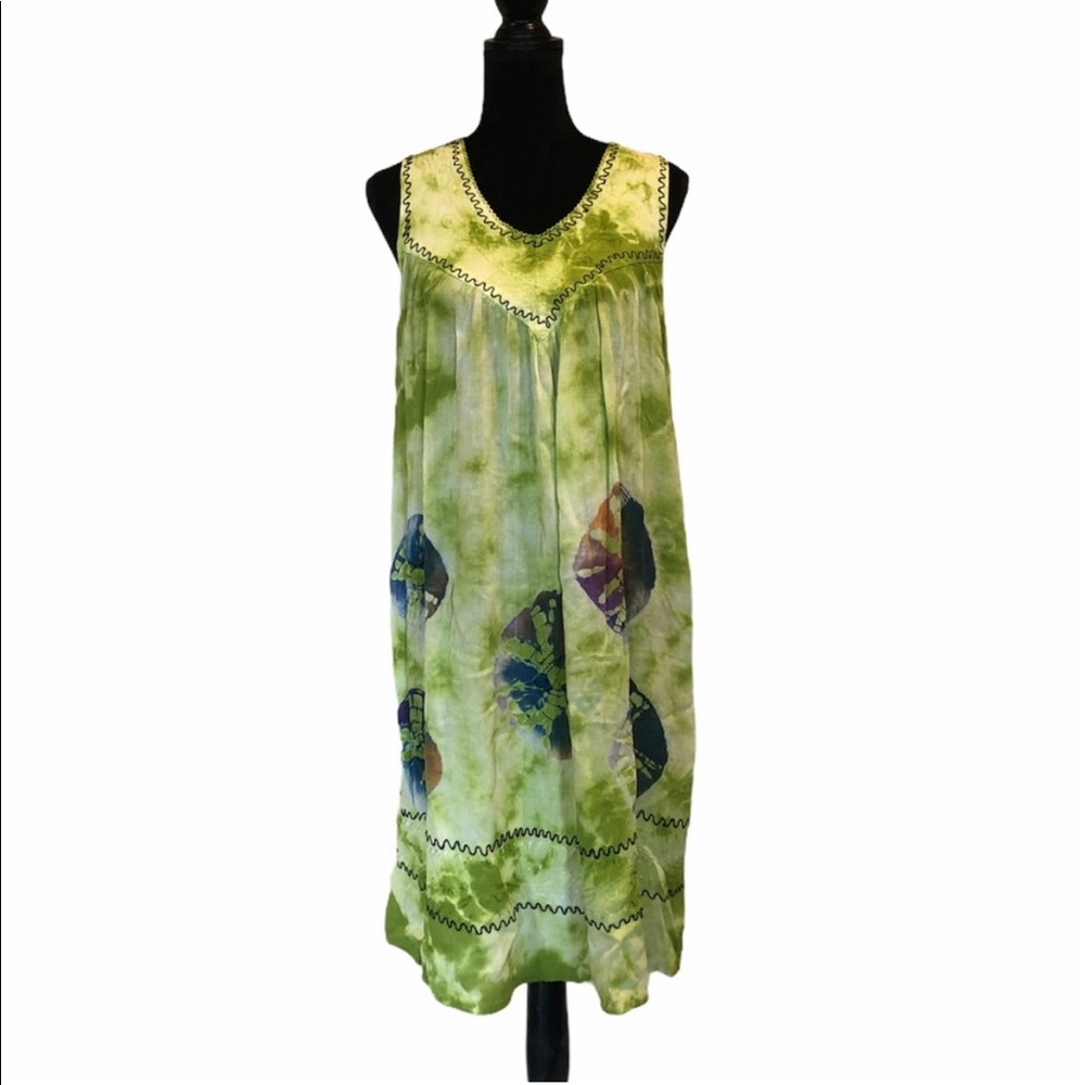 Asha tiedye embroidered sleeveless sundress one size fits most A line shape